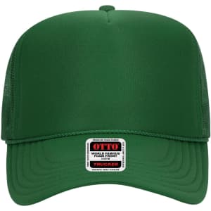 A green 5 panel high crown trucker cap featuring a mesh back and branding label on the front.