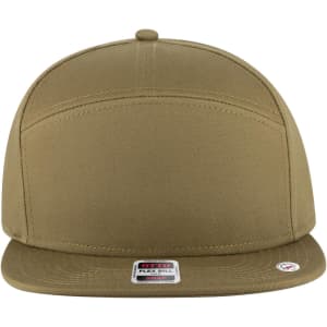 A khaki 7 panel mid profile snapback cap featuring a flat brim and a logo on the front.
