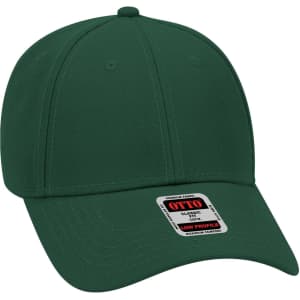 A dark green 6 panel low profile baseball cap with a curved brim and a branding label.