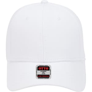 A white 6 panel low profile baseball cap with a logo on the front, featuring a structured design.
