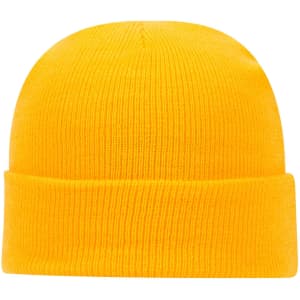 A yellow knit beanie with a fold-over cuff and a smooth texture. It features a logo on the side.