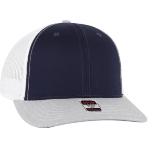 A navy and grey 6 panel mid profile trucker cap with a mesh back and a branded tag.
