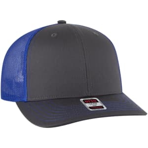 A grey and blue 6 panel mid-profile trucker cap featuring a mesh back and a logo on the front.