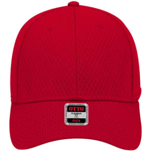A red 6 panel low profile baseball cap with a logo on the front. The cap features a mesh design for breathability.