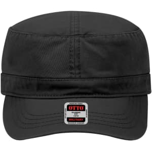 A black military-style hat with a flat brim and a logo label on the front.
