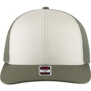 A mid-profile trucker cap featuring a cream front and olive mesh back, with a logo on the front.