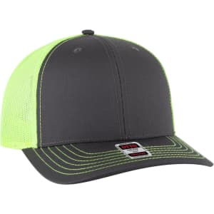 A grey and high-visibility yellow trucker cap with mesh sides and contrasting stitching. Features a logo.