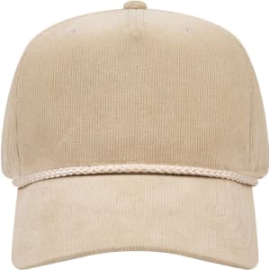 A beige 5 panel mid profile baseball cap with a decorative rope detail and a logo on the front.