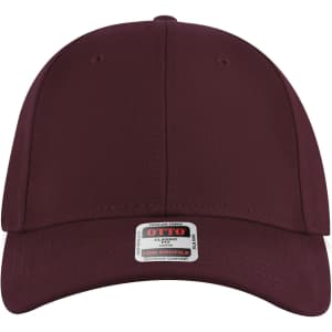 A maroon 6-panel low profile baseball cap with a branding label at the front.