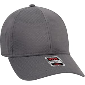 A grey UPF 50+ 6 panel low profile baseball cap with a logo on the front.