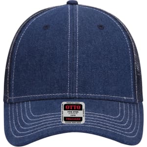 A 6 Panel Low Profile Trucker Cap in dark blue with mesh panels and a logo on the front.