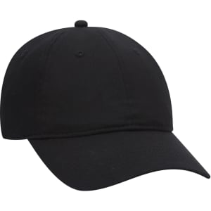 A black 6 panel low profile baseball cap featuring a rounded crown and a curved visor. It has a logo.