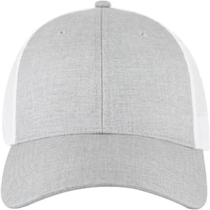 A grey low profile trucker cap with a solid front and white mesh back, featuring a logo.