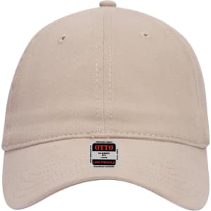 A low profile baseball dad cap in a light beige colour with a logo on the front.