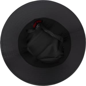 A black bucket hat featuring a spacious interior and a logo inside.