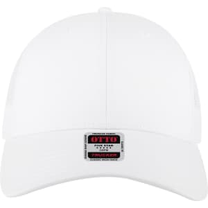 A white 6 panel low profile trucker cap with a mesh back and a branded label on the front.