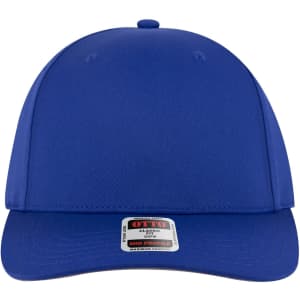 A blue mid-profile baseball cap with a seamless design and a branded label on the front.