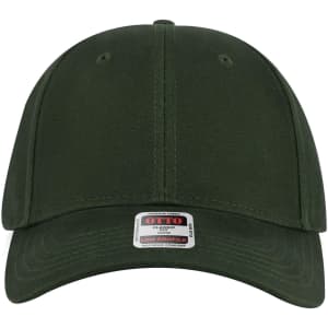 A green 6 panel low profile baseball cap with a curved brim and a logo on the front.