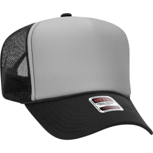 A grey and black 5 Panel High Crown Trucker Cap featuring a mesh back and a logo.