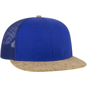 A blue cap with a cork-patterned brim and mesh sides, featuring a logo on the front.