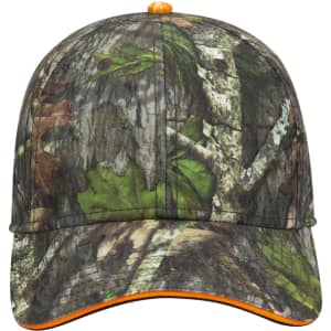 A camo baseball cap featuring a blend of green and brown patterns, with an orange accent on the brim.