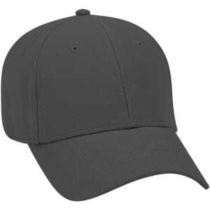 A grey six-panel low profile baseball cap with a curved peak and a logo on the front.