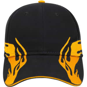 A black low-profile baseball cap featuring yellow flame designs and a logo on the front.