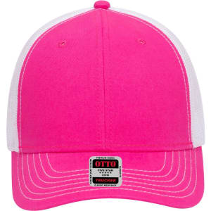 A bright pink 6-panel low profile trucker cap with a white mesh back and a logo tag on the brim.