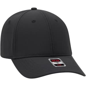 A black UPF 50+ 6 panel low profile baseball cap with a logo on the front.
