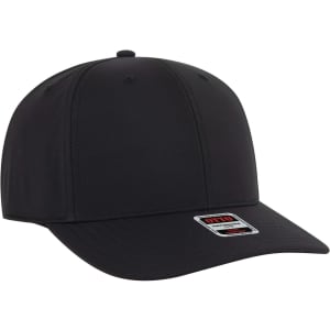 A black 6-panel mid profile baseball cap featuring a curved brim and a logo tag.
