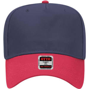 A five-panel mid crown baseball cap in navy blue and red, featuring a label on the brim.
