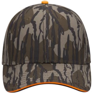 A camo-patterned low profile baseball cap in shades of green and brown, featuring an orange accent. It has a logo on the front.