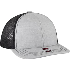 A grey and black 6-panel mid-profile trucker cap featuring a mesh back and a small logo.