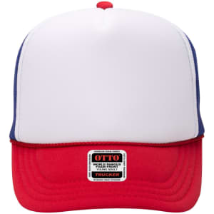 A red and white 5-panel high crown trucker cap featuring a blue peak and a logo on the front.