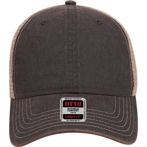 A low-profile, six-panel baseball cap in brown with a beige mesh back and a branding label.