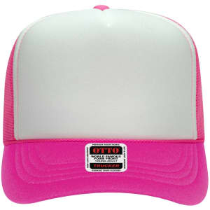 A pink and white 5-panel high crown trucker cap featuring a logo on the front.