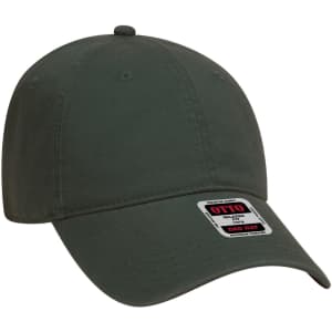 A dark green 6 panel low profile dad cap featuring a logo on the front and a curved brim.