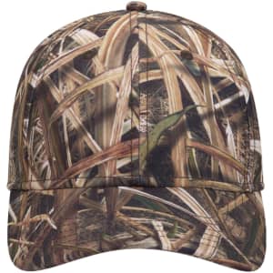 A camouflage 6-panel low profile baseball cap featuring a blend of earthy tones and a logo on the front.
