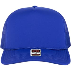 A high crown trucker cap in vibrant blue with mesh sides and a logo tag on the front.
