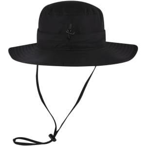 A black polyester pongee boonie hat with a wide brim and an adjustable chin strap. It features a logo.
