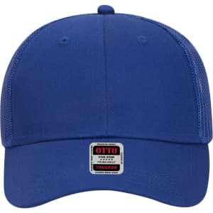 A blue low profile trucker cap for youth with a mesh back and a logo patch on the front.