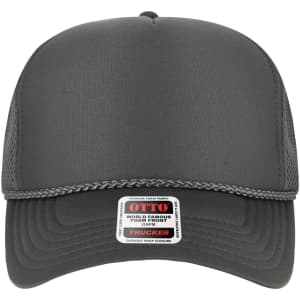 A grey 5 Panel High Crown Air Mesh Back Trucker Hat featuring a logo label on the front.
