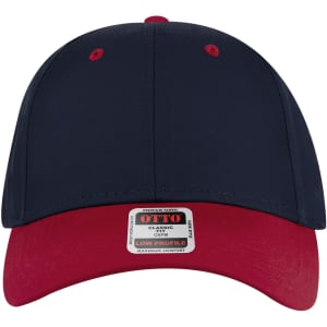 A navy and red 6-panel low profile baseball cap with a logo on the front.