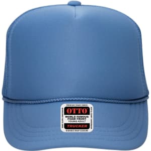 A high crown trucker cap in blue with a foam front and an adjustable snap closure. It features a logo on the front.