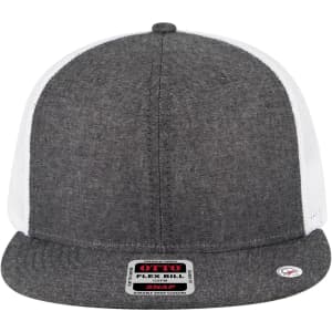 A grey and white 6-panel mid-profile trucker cap with a flex bill and branding on the front.