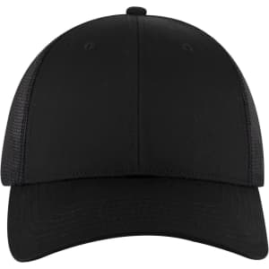A black 6 panel low profile trucker cap with a smooth front and mesh sides, featuring a logo.
