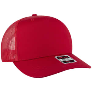 A red 5 panel mid profile trucker cap with a mesh back and a logo tag on the front.