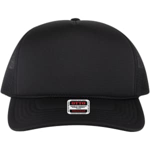 A black 5 panel high crown trucker cap with mesh sides and a logo on the front.