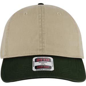 A beige and dark green 6 panel low profile dad cap with a logo on the front and a curved brim.