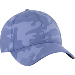A light blue camouflage baseball cap with a low profile and six-panel structure, featuring a logo.